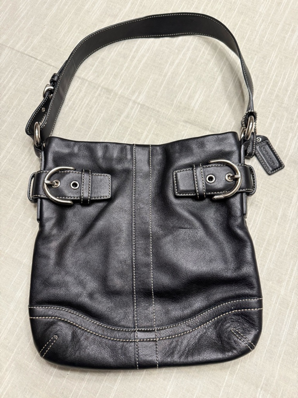 Coach Black Leather Shoulder Bag with Buckle Accents